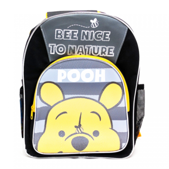 Pooh กระเป๋าเป้สะพายหลัง กระเป๋านักเรียน สีดำคาดเทาซิบเหลือง หน้าหมีพูห์