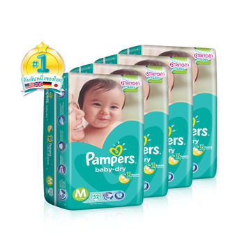 ขายยกลัง! Pampers แพมเพิร์ส ผ้าอ้อมเด็ก แบบเทป รุ่น Baby Dry ไซส์ M 4 แพ็ค 208 ชิ้น (แพ็คละ 52 ชิ้น)