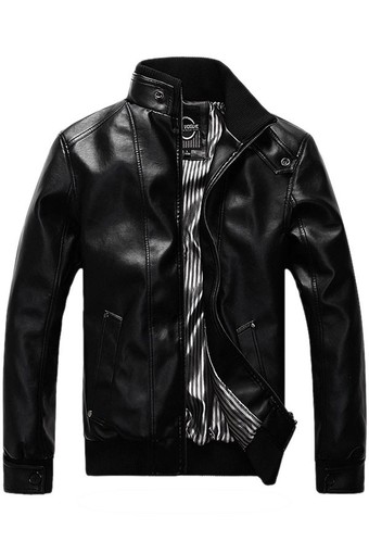 EOZY Trendy Men Stand Collar Motorcycle PU Leather Jackets Korean Style All-match Man Slim Outerwear Coat Fashion Male Tops (Black)