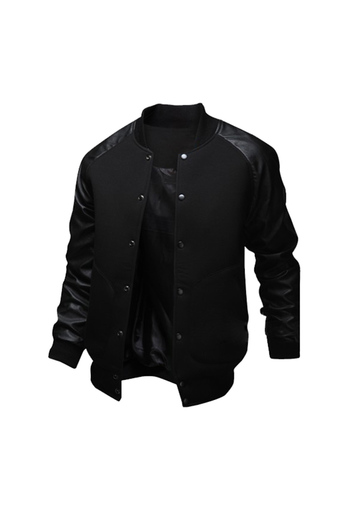 Cocotina Men Boy Long Sleeve Spliced Varsity Baseball Letterman College University Jacket Coat (Black)