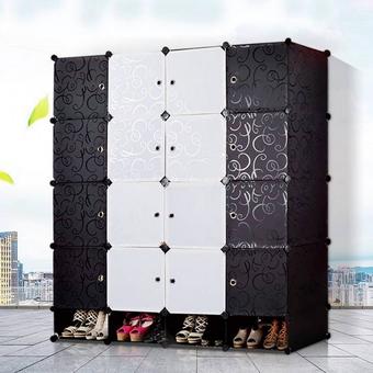ThaiTrendy ตู้เสื้อผ้าแบบพับเก็บได้ ตู้ DIY16ช่อง พร้อมชั้นวางรองเท้า สีดำ