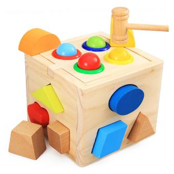 Kids Toys ของเล่นไม้ กล่องกิจกรรมบล็อกหยอดฆ้อนทุบ รูปทรง 4 ด้าน