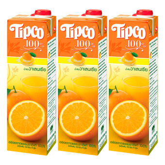 TIPCO ทิปโก้ น้ำส้มวาเลนเซีย 100% 1000 มล. (แพ็ค 3 กล่อง)