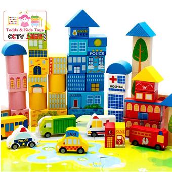 Todds & Kids Toys ของเล่นไม้ เสริมพัฒนาการ บล็อกไม้สร้างเมือง 100 ชิ้น พร้อมผังเมือง กล่องสีเหลี่ยม