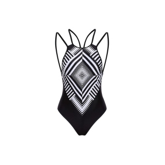 GETEK Women O-Neck Backless Print One-Piece Swimwear Suit (Black)