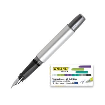 Online Pen Germany ปากกา Fountain Pen Campus Color Line Nip: M (MetallicSilver) + หมึกหลอด(1x12) จำนวน 1 Pack ( Blue)
