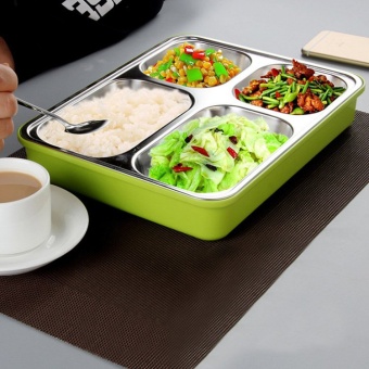 Stainless Steel 304 Sealed Lunch Box 4 Compartments Keep Warm (Green) - Intl