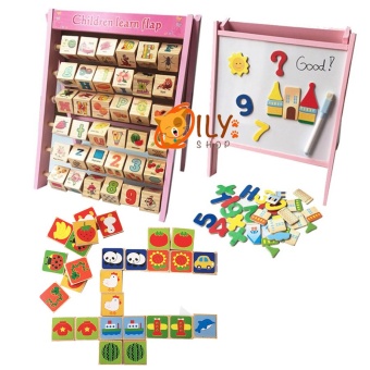 Wood Toy ของเล่นไม้ แพ็คคู่ กระดานเสริมทักษะ 2 in 1 Children Learn Flap + Mathching Domino จับคู่โดมิโน่ลายการ์ตูนน่ารัก
