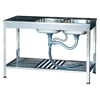 Dyna Home ซิ้งค์ล้างจาน สองหลุม สแตนเลส อ่างล้างจาน มีที่พักจาน sink หนา 0.6mm. พร้อมขาและชั้นวาง รุ่น FS-12050-JT