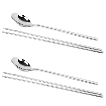 Stainless Steel Chopsticks and Spoon Tableware Pair of 2 Set (Silver)