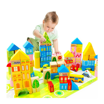Wood Toy ของเล่นไม้ บล็อกไม้สร้างเมือง พร้อมผังเมือง กล่องสีเหลี่ยม 100 ชิ้น