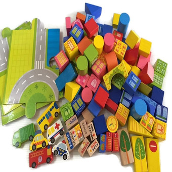 Mistertoyman บล็อคไม้สร้างเมือง พร้อมผังเมือง (100 ชิ้น)