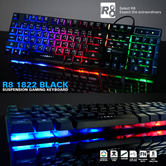 R8 คีย์บอร์ด เกมส์มิ่ง Suspension RGB LED Gaming Keyboard Rubber Dome RAINBOW BACKLIGHT รุ่น K1822 (สีดำ)