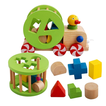 Wood Toy ของเล่นไม้รถลากหัวเป็ดหยอดบล็อกรูปทรงเรขาคณิต