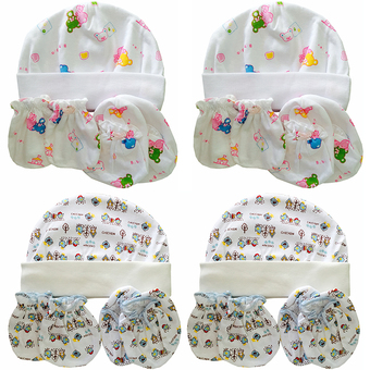 k.baby เซ็ต หมวก ถุงมือ ถุงเท้า ผลิตจาก ผ้า cotton 100% ลายการ์ตูน แพ๊ค 4 สี