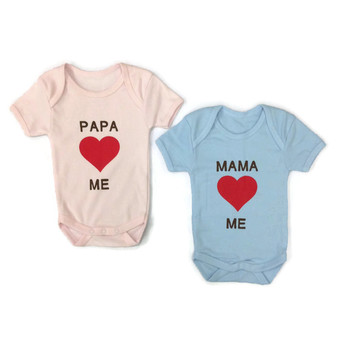 First-wear ชุดเด็กอ่อน ชุดบอดี้สูทแขนสั้น ขนาด 0-3 เดือน แพ็คคู่ ลาย Papa-Mama 2 สี (สีชมพู-ฟ้า) 2 ชุด