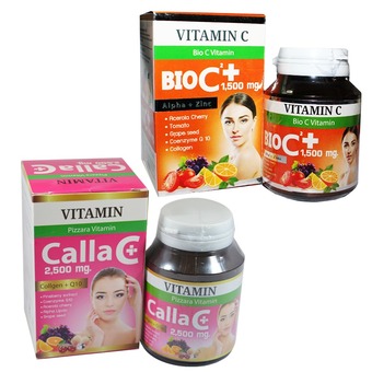BIO C Vitamin Alpha+Zinc ไบโอซี วิตามิน ซี + ซิงค์ 1,500 mg. +Calla C Plus คอลลา ซี พลัส 2,500 mg. แพคขาว x 2 (1 เซ็ต)