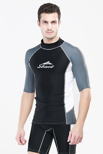 Swim T Shirts Men Short Sleeve Rash Guard Swimwear Swim Diving Suit Snorkeling Scuba Surf Clothes (Black)