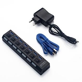OEM 7 Port USB 3.0 HUB High Speed 5 Gbps with Power On/Off Switch Adapter Cable for PC Desktop Notebook EU Plug (Black) +ADAPTRER