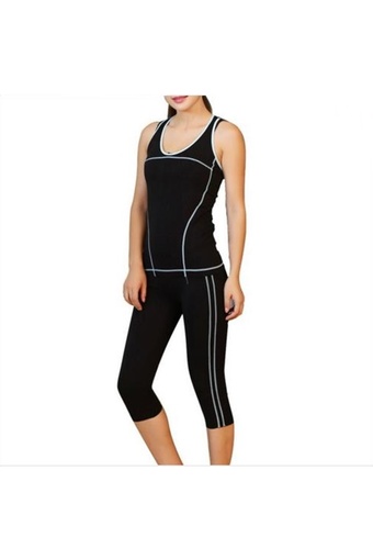 Yoga Sports Set Gym Running Sportwear Suit Elasticity Girl Lady Fitness Clothing 1Set(Black - blue)