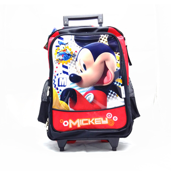Mickey Mouse กระเป๋าเป้มีล้อลาก สะพายหลัง กระเป๋านักเรียน สีดำคาดแดง ลายหน้ายิ้ม