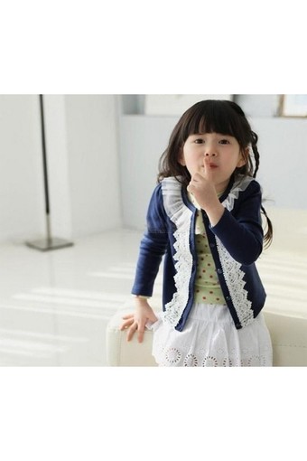 Baby Girl Knit Coat Lace Decor Long Sleeve Button Jacket Cardigan Blue