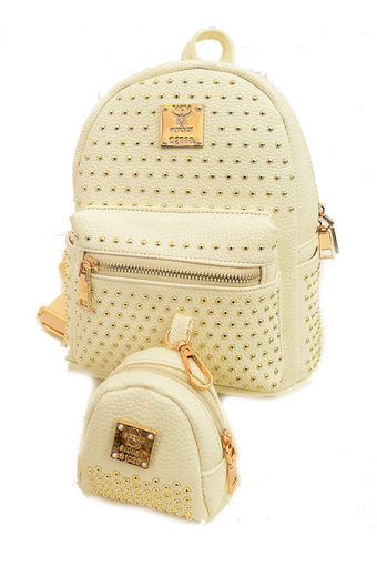 JustCreat Two-piece Set Rivet Backpack Big &amp; Small Bags For Students(White) (Intl)
