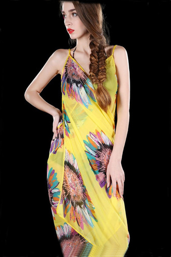Women&#039;s Chiffon Sexy Summer Wrap Dress Sarong Beach Scarf Shawl Dress up Wrap (Hot Yellow) - Intl