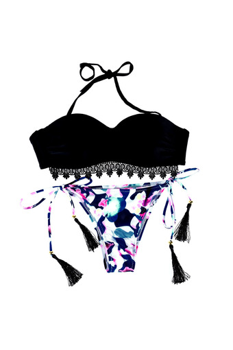 Womens Summer Beach Push-up Bra Floral Swimsuit Black (Intl)
