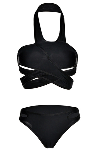 Women Halter Pad Cross Bandage Low Waist Solid Bikini Set Swimwear Swimsuit (Black)