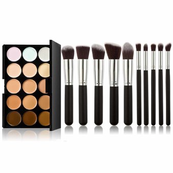 15 Color Concealer Camouflage Makeup Palette and 10 Pieces Makeup Brush Kit for Cosmetic (Silver + Black)