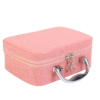 PU Leather Cosmetic Makeup Box Case Toiletry Organizer Storage Handbag With Mirror Crocodile Pattern Pink
