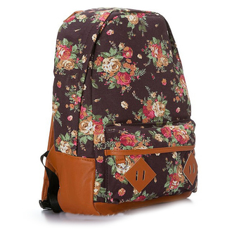 Canvas Backpack Satchel Rucksack Flower Painting Schoolbag Leisure Travel Shoulder Bag Coffee (Intl)