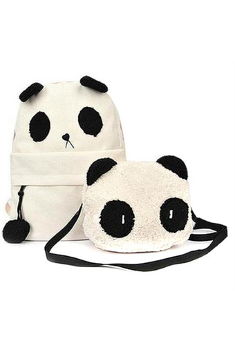 Hengsong Girl&#039;s Schoolbag Panda Bear Canvas Rucksack Two Piece Backpack Shoulder Bag White