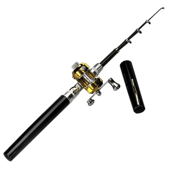 Mini Telescopic Pen Fishing Rod Portable Pocket Aluminum Alloy Pole Reel (Black)