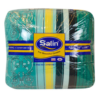 SATIN ชุดผ้าปูที่นอน 6ฟุต 5ชิ้น + ผ้านวม ขนาด 90x100 นิ้ว ลายริ้ว - สีฟ้า