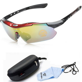 ROBESPON แว่นตาสำหรับปั่นจักรยาน แว่นตากันแดดเล่นกีฬาเลนส์สีฟีล์ม กรอบสีดำ-แดง