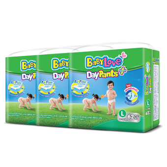 ขายยกลัง! BabyLove กางเกงผ้าอ้อม รุ่น DayPants Plus ไซส์ L 3 แพ็ค 186 ชิ้น (แพ็คละ 62 ชิ้น)