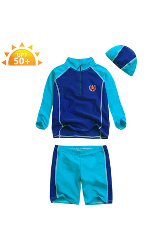 ชุดว่ายน้ำเด็ก VIVO BINIYA แขนยาว UPF50+ สีฟ้า-น้ำเงิน + หมวกว่ายน้ำ