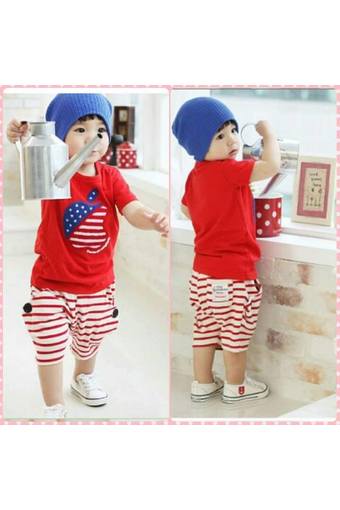 Angle Kid เสื้อผ้าแฟชั่นสำหรับเด็กชาย เซ็ตเสื้อยืด สุดเท่ห์แอปเปิ้ล + กางเกง
