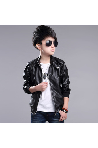Grandwish Boy O-Neck Leather Jacket Long Sleeves 6T-16T (Black) - Intl