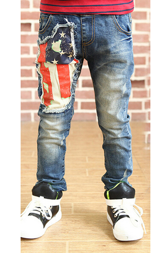 Boys Jeans USA Flag Elastic Waist Denim Pants Blue HP032 (Intl)