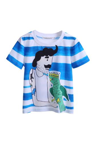 2016 Newest Cartoon Print Blue Boys T-shirt Summer Wear Baby Kids Tops Little Gentleman Casual Clothing BT90315-11L 