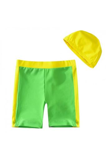 Tankidsshop กางเกงว่ายน้ำเด็กชาย พร้อม หมวก กางเกงสีเขียวแถบสีเหลือง