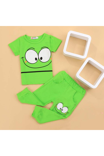 SuperCart Baby Children Cartoon Short Sleeve Print T-shirt Tops and Pants Two Piece Set (Green) - Intl