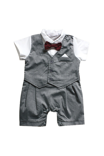Baby Boys Suit Bow Tie Colllar Short Sleeve Long Rompers Silver (Intl)