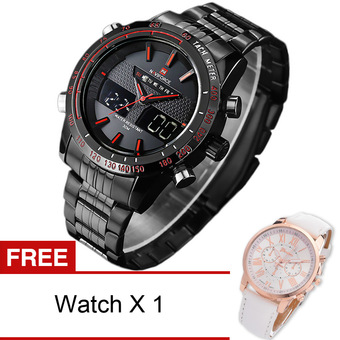 Yika Analog Quartz Date Stainless Steel Wrist Watch + Free Watch (Black+Red) - Intl