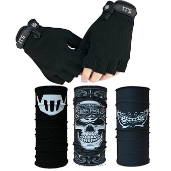 PARBUF ถุงมือฟิตเนส จักรยาน ครึ่งนิ้ว ICE FABRIC (สีดำ) + ผ้ากันUV 3ผืน set 012