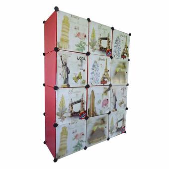 I-YO DIY Cabinet ตู้เสื้อผ้า+ตู้เก็บของ 12 ช่อง ลายวินเทจ (สีแดง)