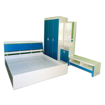 NDL ชุดห้องนอนสบาย ขนาด 6 ฟุต เตียง + ตู้เสื้อผ้า 3 บาน + โต๊ะแป้ง + ตู้วางทีวี ฟรีที่นอนสปริง(สีฟ้า/ขาว)